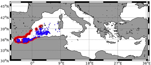 Figure 3.3.3. Output of the forecast model to predict the spread of Physalia physalis colonies in the Mediterranean basin. In order to compare with (Figure 3.3.2), the red dots are the summary of all the beached Physalia physalis colonies during April 2018. The blue dots are the free colonies still floating in the water on 30 April 2018, that will continue to spread along the basin.