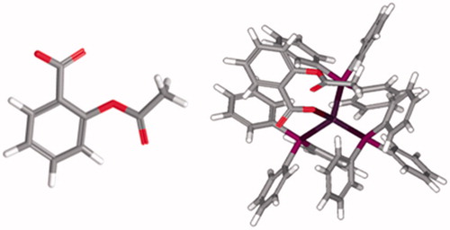 Figure 1. (left) O-acetylsalicylic acid (aspirin) and (right) its complex Ag(tpp)3(asp).