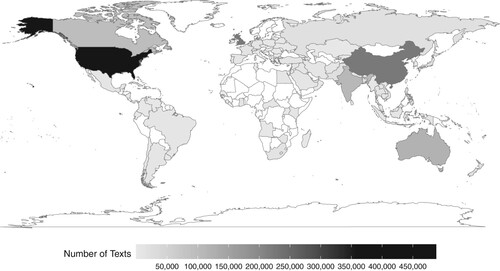 Figure 1. Geographical distribution of relevant English statements.