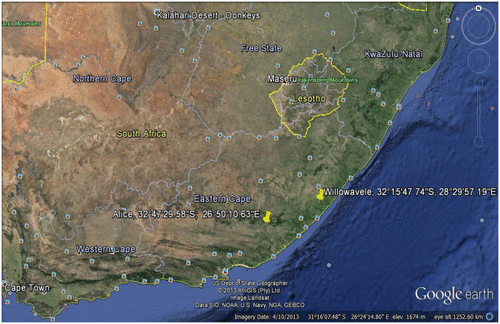 Figure 1. Map of South Africa showing location of Alice and Willowvale in the Eastern Cape.