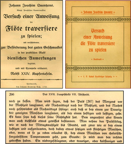 FIGURE 17 From Johann Joachim Quantz's, Versuch einer Anweisung die Flöte traversière zu spielen, first published in 1752; shown on the right is also a reprint of the original in 1906 (Quantz Citation1752, Citation1906).