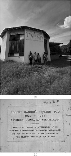 Figure 4 (a) Taíno Museum with Zach Beier and Central Village collaborators; (b) Plaque dedicated to Robert R. Howard mounted on the exterior of a museum wall. Photographs by Peter E. Siegel.