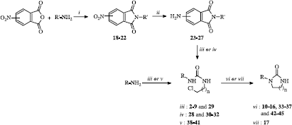 Scheme 1 Synthesis of imidazolidin-2-ones 10-17 and 33-37 and tetrahydropyrimidin-2(1H)-ones 42-45. Reaction reagents and conditions: (i) AcOH, reflux; (ii) Pd/C 5%, H2, THF, 50°C; (iii) 2-chloroethyl isocyanate, CHCl3, reflux; (iv) 2-chloroethyl isocyanate (8 éq), microwaves, 82°C, 20 W; (v) 3-chloropropyl isocyanate, CHCl3, reflux; (vi) Cs2CO3, CH3CN, reflux; (vii) Na2CO3, CH3CN, reflux.