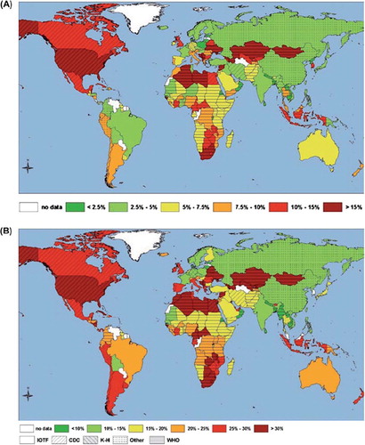 Figure 1. (A) Worldwide prevalence of obesity in children and adolescents. (B) Worldwide combined prevalence of overweight and obesity in children and adolescents. The prevalence estimates were calculated as the arithmetic mean of the age-specific estimates. Adapted from Epidemiology of Obesity in Children and Adolescents (Pigeot et al., 2011, p. 228, Figure 13.2) with kind permission of Springer Science & Business Media.