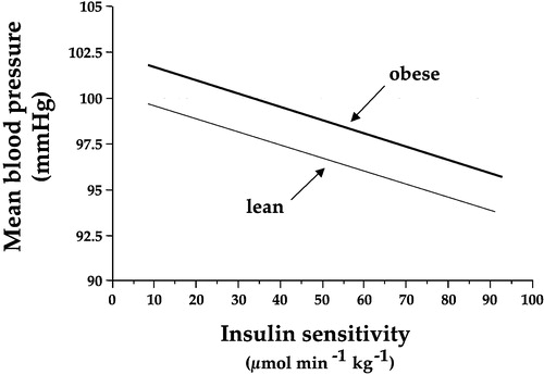 Figure 5. The graph shows the significant inverse relationship between mean arterial blood pressure and insulin sensitivity(as measured by the clamp technique) in 450 non‐diabetic subjects in the European Group for the Study of Insulin Resistance (EGIR) cohort. The regression lines are adjusted by gender and age, and are drawn across the observed range of insulin sensitivity. The lower line (lean) is the predicted relationship in a subject with a body mass index of 25 kg/m2, whereas the upper line (obese) is the function for an individual with a body mass index of 35 kg/m2. Obesity and insulin resistance work together to raise arterial blood pressure Citation29.