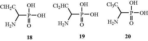 Figure 12. Structures of (β-chloro-α-aminoethyl)phosphonic acid derivatives 18–20 as Alr inhibitors.