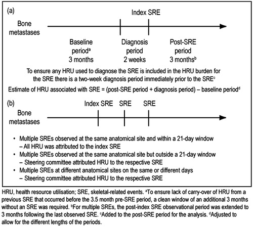 Figure 1. Study design and data collection for patients with one SRE (a) and multiple SREs (b).