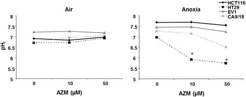 Figure 6.  AZM reduced intracellular pH (pHi). The pHi of all the cell lines tested was around neutral and was not substantially affected by AZM under aerobic conditions (left panel). Under anoxic conditions the control pHi (0 µM AZM) in all lines slightly increased in comparison with air. HCT116 and EV1 pHi remained unaltered by AZM treatment under anoxic conditions (solid lines). CA9/18 cells (grey dashed line) exhibited decreased pHi at 50 µM AZM in anoxia. The pHi of anoxic HT29 cells significantly reduced with both concentrations of AZM (right panel). *p < 0.05. Error bars indicate SEM of n = 3 samples. AZM, acetazolamide.