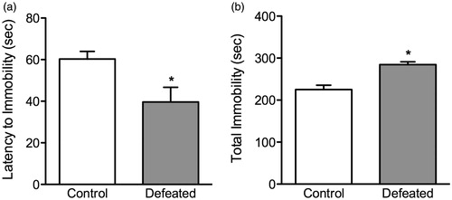 Figure 2. Effects of adolescent social defeat stress on forced swimming behavior, 24 h after the last defeat episode (postnatal day 45). Defeated (stressed; n = 10) adolescent mice exhibited a depressive-like behavior as inferred by (a) lower time to adopt an initial posture of immobility and conversely (b) spending significantly more time in the immobile position, when compared to control (non-stressed; n = 8) mice. *Significantly different from controls (p < 0.05). Data are presented as mean time (s) + SEM.