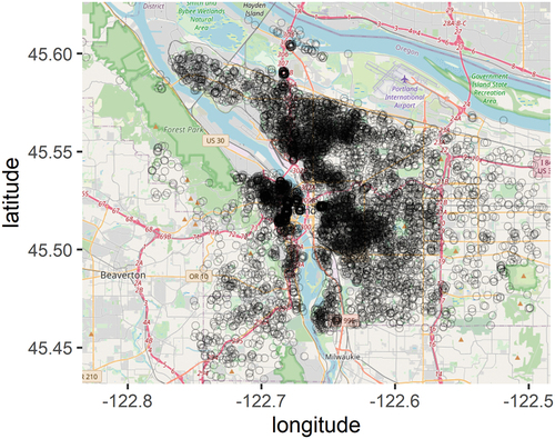 Figure 3. Map of Portland (background image: © OpenStreetMap contributors) with listing locations.