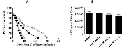 Figure 6 Fluconazole did not show antifungal activity against C. albicans. (A) Each mouse was infected with 7 x 105 CFUs of C. albicans. Mice were treated with 5, 10, 20 mg/kg of fluconazole on days 1, 3 and 5 postinfection. Mice were observed for 40 days to monitor their survival. Saline (●), fluconazole (5 mg/kg) (○), fluconazole (10 mg/kg) (♦), fluconazole (20 mg/kg) (♦). (B) On day 4, three mice from each group were sacrificed and their kidney was taken to prepare tissue homogeninate. The kidney tissue homogenate was cultured in order to determine the fungal load. Data are expressed as mean ± SE. A P value <0.05 was considered to be significant.