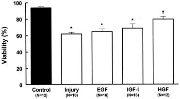Figure 6. Effects of growth factors EGF (20 ng/mL), IGF-I (20 ng/mL) or HGF (20 ng/mL) on viability (acridine orange plus ethidium bromide) in MDCK cells submitted to hypoxic-injury. Data are mean ± SD of culture bottle compared to controls and untreated injury group; *p<0.001 vs. Control; †p<0.01 vs. Injury; †p<0.05 vs. EGF.