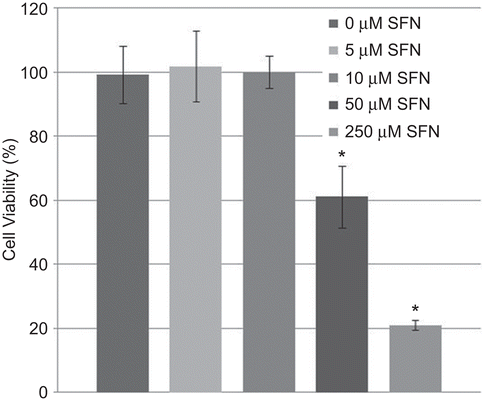 Figure 1.  Cell viability in BEAS-2B cells after treatment with sulforaphane (SFN). BEAS-2B cells were treated with different concentrations of SFN for 24 h. Viability was then quantified using an MTT assay. Data presented are mean percent viability (±SEM, n = 5). *Value is significantly different compared with control cells (P < 0.05).