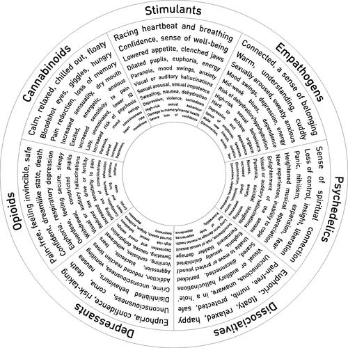 Figure 3. The Effects Wheel: drug effects and risks, allowing for harm reduction information to be given by category.