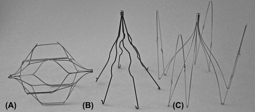 Figure 1. Permanent IVC filters. (A) Cordis TrapEase. (B) Boston Scientific Greenfield. (C) Braun Venatech LP.