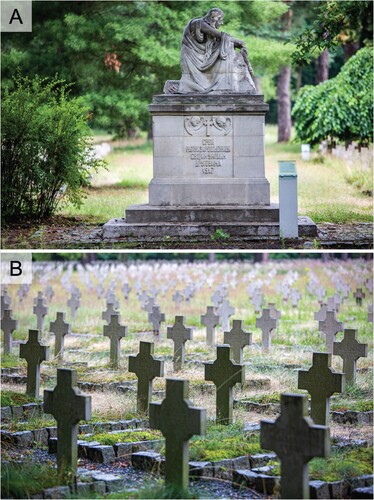 Figure 4. Contemporary state of preservation of the PoW cemetery in Łambinowice. A) The monument dedicated to Serbian PoWs who died in Lamsdorf during the Great War and B) the quarters with graves from the Great War (author D. Frymark; source: The Central Museum of Prisoners of War).