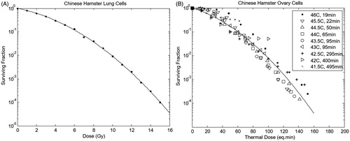 Figure 1. An example of a survival curve for radiotherapy exposure (A), extracted from [Citation97], and for heated cells (B), extracted from previously published results [Citation98], with thermal isoeffective dose calculated from the combination of heating duration and temperature.