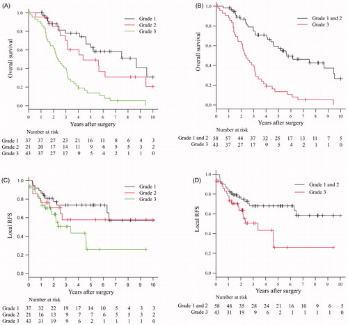 Figure 3. Overall survival curves (A and B) and local PFS curves (C and D) for 101 NSCLC patients according to the grade of pleural malignancy.