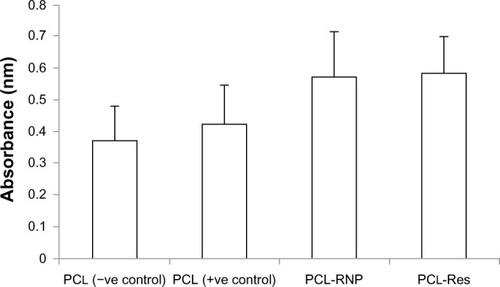 Figure 8 MTT assay on day 7 of cell seeding on scaffolds shows significantly increased activity of cells in PCL-RNP (P ≤ 0.01) and PCL-Res (P ≤ 0.01) compared with the positive and negative PCL controls.Abbreviations: PCL, polycaprolactone; RNP, resveratrol-loaded albumin nanoparticles; Res, resveratrol.