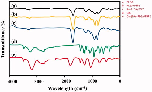 Figure 2. FTIR spectra of carmustine (Cm) gold co-loaded with PLGA-PSPE nanocomposites. (a) PLGA, (b) PLGA-PSPE, (c) Au-PLGA-PSPE, (d) Cm and (e) Cm-Au-PLGA-PSPE.