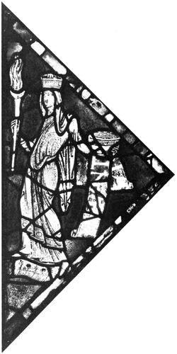 Fig. 6. Figure of Temperancia in glass from the oculus in the north wall of the north transept at Canterbury CathedralCaviness, Windows, pl. 12 No. 30. Photo and copyright Corpus Vitrearum Medii Aevi