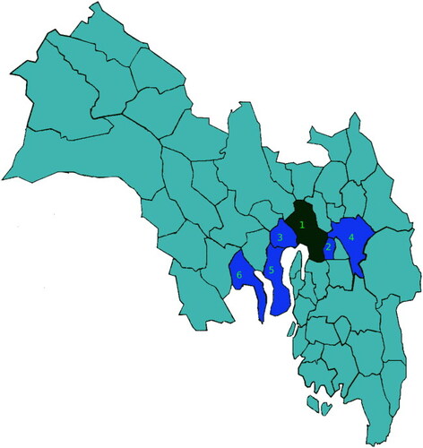 Figure B1. Oslo and Viken county, with the main area of study highlighted. The city of Oslo is marked in black. The numbering of the municipalities is as follows: 1. Oslo, 2. Lørenskog, 3. Bærum, 4. Lillestrøm, 5. Asker, 6. Drammen.