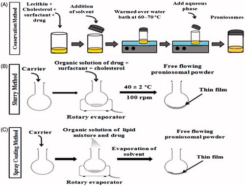 Figure 2. Methods of preparation of proniosomes (A) Coacervation phase separation method (B) Slurry method (C) Spraying method.