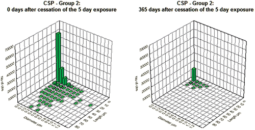 Figure 3.  Bivariate length and diameter distribution of fibers in the CSP-exposed lungs, respectively, immediately after cessation of exposure (day 0) and at 365 days after cessation of exposure.