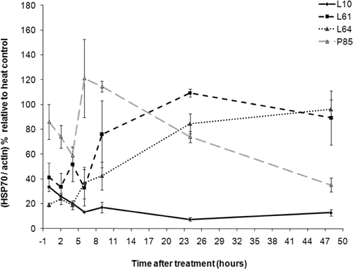 Figure 5. Effect of Pluronic L10, L61, L64, and P85 on the inhibition of Hsp70 with the hyperthermia treatment at 43°C for 20 min. The peaks are normalised to actin and calculated as a percentage relative to heat only treatment at same time points. Results presented as the mean of 3 ± STDEV. *The Hsp70 expression is significantly different from the expression of heat control with P < 0.001.