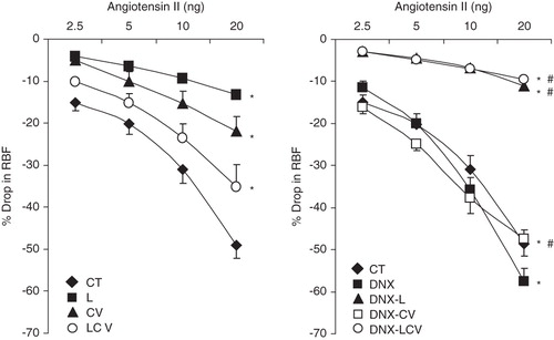 Figure 4. Renal vasoconstrictor responses to graded doses of Ang II in CT, DNX, L, DNX-L, CV, DNX-CV, LCV, and DNX-LCV. *P < 0.05 compared to CT. # P < 0.05 compared to DNX. Data were analysed by two-way ANOVA followed by Bonferroni post-hoc test, n = 6 rats.