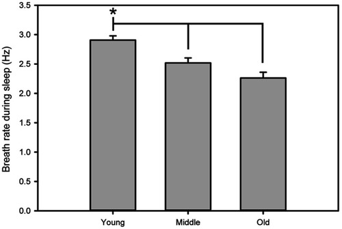Figure 1 Breath rate as an indicator of sleep during piezoelectric recording. The piezoelectric recording system uses breath rate to determine active vs sleep states. Here, breath rates during sleep in young mice were significantly different than middle-aged and old mice. Asterisk indicates p<0.05.