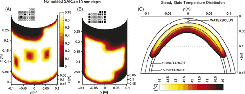 Figure 4. Simulated SAR and heating pattern on contoured surface of an elliptical tissue model. (A) Normalised SAR 10 mm deep in muscle for a 35 element CMA with three centrally located DCC antennas powered off to demonstrate localisation and control of heating; (B) Normalised SAR pattern 10 mm deep in muscle on the contoured torso for a second power configuration as shown inset (selected peripheral apertures in black turned off). (C) Steady-state temperature distribution inside the simulated target volume extending 15 mm deep, as calculated for the SAR distribution of Figure 4B.