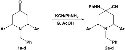 Scheme 2. Synthesis of 1-benzyl-2,6-diaryl-4-(phenylamino)piperidine-4-carbonitrile 2a–d.