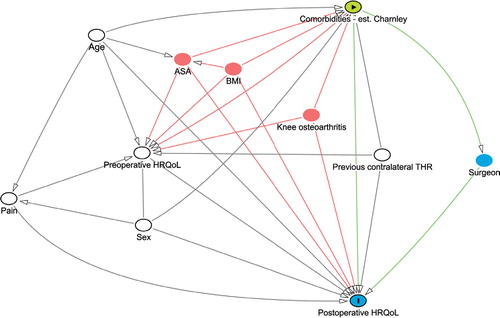 Figure 4. Our directed acyclic graph (DAG) for this study as generated by dagitty.net. The green node indicates the exposure of interest, the green lines the exposures effect pathways, and the blue node with the “I” indicates the outcome of interest. The blue node without “I” is an intermediate to the effect pathway. White nodes are confounders that are adjusted for in the models, while red nodes indicate nodes that should be adjusted for but that are not available.