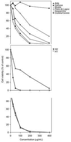 Figure 2.  Effect of treatment with methanol leaf extracts from female (A), hermaphrodite (B), and male (C) carob trees on cell proliferation. Each point represents the mean of three independent experiments.