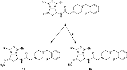 Scheme 3 Synthesis of compounds 14 and 15. Reagents: (i) NH2·NH2·xH20, MeOH; (ii) NCCH2PO(OEt)2, K2CO3, THF.