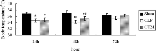 Figure 1.  Effect of curcumin on the body temperature of CLP rats. Rats were divided into three groups (n = 10). Groups of sham and CLP were treated with physiological saline (10 mL/kg/d, ip), group of CLP+CUM was administered with curcumin (200 mg/kg/d, 3 days, ip). The rats were observed for 72 h. *p < 0.05, compared with the sham group, and #p < 0.05, compared with the CLP group.