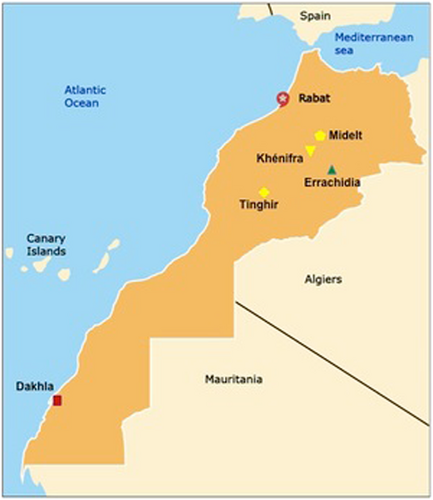 Fig. 3 Congenital toxoplasmosis in Morocco.The geographic distribution of cases of congenital toxoplasmosis in a cohort of patients identified by Pr. Barkat are presented here and occurred across three distinct climate and cultural zones. The ocean region encompasses Rabat and Dakhla (indicated in red). The mountain region includes Khénifra, Midelt, and Tinghir (indicated in yellow), whereas the region of the Sahara includes Errachidia (indicated in green). Although the sample size is small, with only 21 cases of severe congenital toxoplasmosis, it is suggestive of the possibility that there is a geographic variation in the rates of this parasitic infection, potentially attributable to differences in climate or risk behaviors