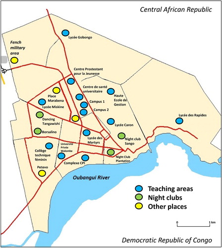 Fig. 1. Map showing the location of inclusion study sites in Bangui, including 13 secondary schools and university attendance sites (blue round), 4 dancing places (Sango and Plantation nights clubs downtown; Tangawishi and Borsalmino dancings at periphery) (green round, and 4 other emplacements notoriously known as couples’ meeting places, such as the French military area near the airport (yellow round).