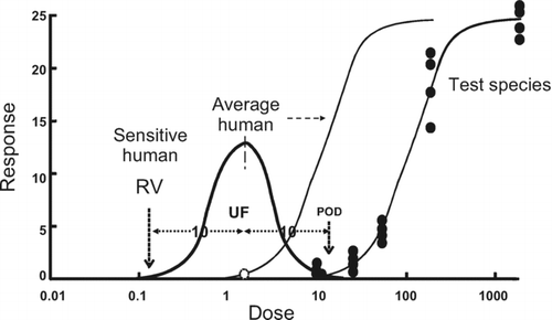 Figure 2 Extrapolation to human exposure when the dose response-curve can be assumed to exhibit a threshold. The data in the observable range are used to determine a point of departure (POD) (e.g. NOAEL, BMDL10). The POD is used to determine the equivalent dose in a sensitive human by dividing it by an uncertainty factor, to allow for possible inter-species and inter-individual differences. The default values are normally 10-fold. The inter-species factor is used to determine the POD in an average human (leftward shifted sigmoidal curve). Within the population there will be a range of sensitivities, reflected by a distribution of PODs (Gaussian curve). The factor for inter-individual sensitivity is used to determine the POD in a sensitive subject, which will lie towards the far left of the distribution curve. This POD has been termed a reference value (RV), for example the tolerable daily intake (TDI).