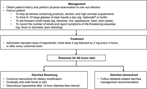Figure 3. Management algorithm for grade 1–2 uncomplicated diarrhea. (Adapted in part with permission from reference [Citation16].).