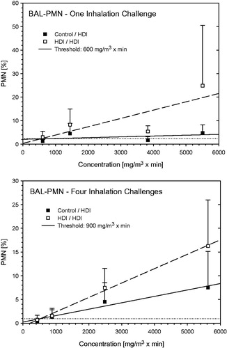 Figure 12. Dependence of PMN in bronchoalveolar lavage on the escalation C × t-dose of HDI at escalation challenges I (step I) and IV (step II) (for details, see Figure 1). Data were presented as means ± SD (eight animals/subgroup). Equally challenged naïve and HDI-sensitized Brown Norway rats were considered indistinguishable at 600 and 900 mg HDI/m3 × min in rats without and with additional inhalation priming exposures.