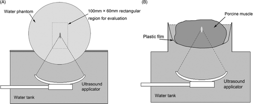 Figure 5. Experimental set-up. (A) Phantom: a 240-mm diameter spherical water phantom was put on the water tank. (B) Ex vivo: a block of porcine muscle was put inside a container with a plastic film beneath it through which ultrasound energy can penetrate freely.