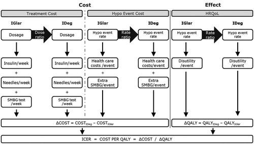 Figure 1. Overview of the cost-utility model. HRQoL, health-related quality-of-life; Hypo, hypoglycemia; ICER, incremental cost-effectiveness ratio; IDeg, insulin degludec; IGlar, insulin glargine; QALY, quality-adjusted life year; SMBG, self-monitored blood glucose.