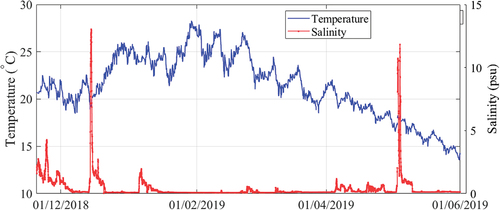 Figure 6. Time series of continuous measurements (half an hour) of water temperature (left axis) and salinity (right axis) at the measurement station.