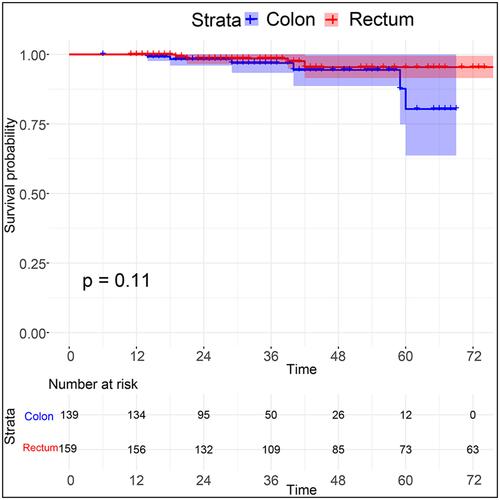 Figure 6 K-M survival curve analysis comparing T1 stage colonic and rectal AC using the data from our hospital.