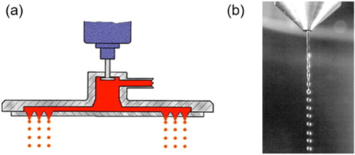 Figure 13. Overview of the DROPPO® system (a) schematic design of the die-head and (b) droplet formation on an individual jet.