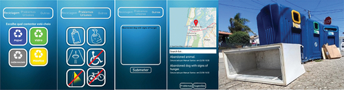 Figure 4. Screenshots of BikeTrack citizen kit APP and a recycling problem to report.