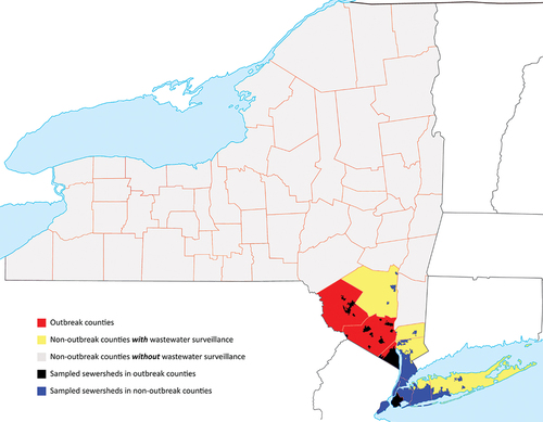 Figure 1. The geographic distribution of wastewater sampling sites for polio with respect to outbreak counties, non-outbreak counties and the NY state in general. Note that sampling sites are primarily in outbreak counties as well as the adjacent non-outbreak counties with high population density.
