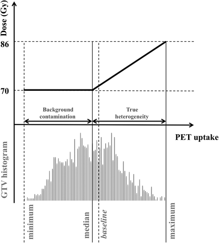 Figure 1. Illustration of the conversion function between the PET uptake and the dose prescription. The histogram of the uptake from Patient 1 is shown on the lower panel. The conversion takes into account bounds along both axes. The uptake bounds are given by statistics observed in the tumor volume. In the proposed solution, the minimum is overlooked, as it is likely to be contaminated by the colder background (spill in/spill out effect). Instead, the baseline uptake in the tumor is approximated by the median uptake, which is less sensitive to hot spots than the mean. The dose is interpolated linearly up to the maximum uptake in absence of further information.